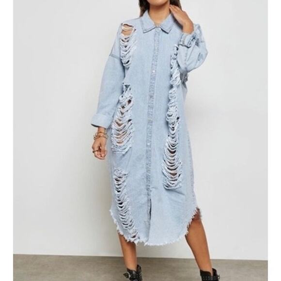 Highway Jeans NWOT Vintage Wash Destroyed Denim Jean Long Line Dress Jacket - Picture 2 of 14